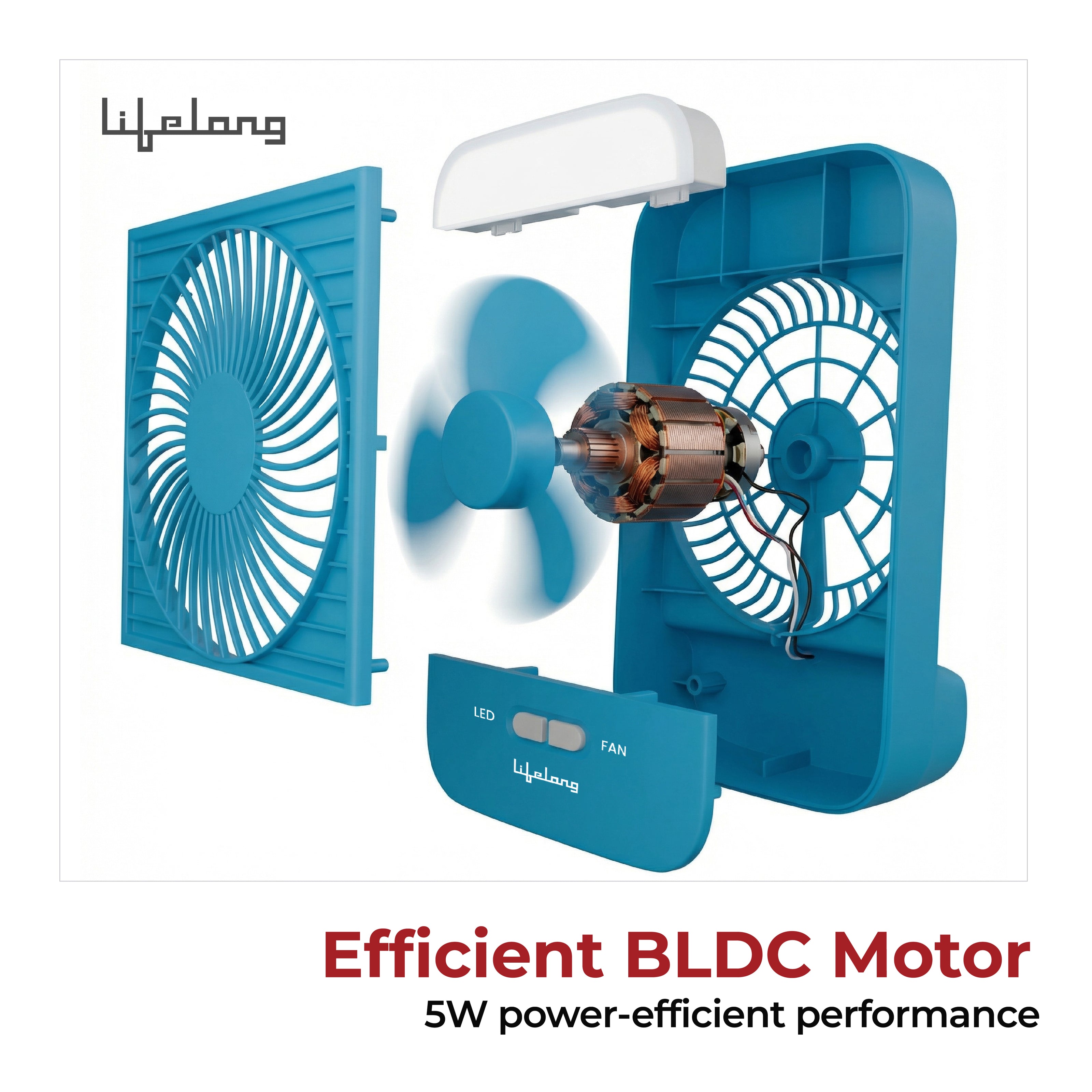 Lifelong 4” Rechargeable Portable Mini Fan with LED Light | 5W BLDC Motor | 3 Speed up to 2800 RPM | 2000mAh Battery | USB Type-C Desk & Travel Fan (Blue)