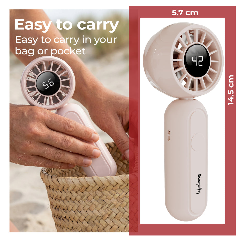 Lifelong Personal Hand Fan with Cool Touch & Hiking Buckle | USB Type-C Rechargeable Portable Mini Fan | 2000mAh Battery, 3 Speed up to 7500 RPM | Handheld Travel Fan for Outdoor, Office & Camping (Beige)