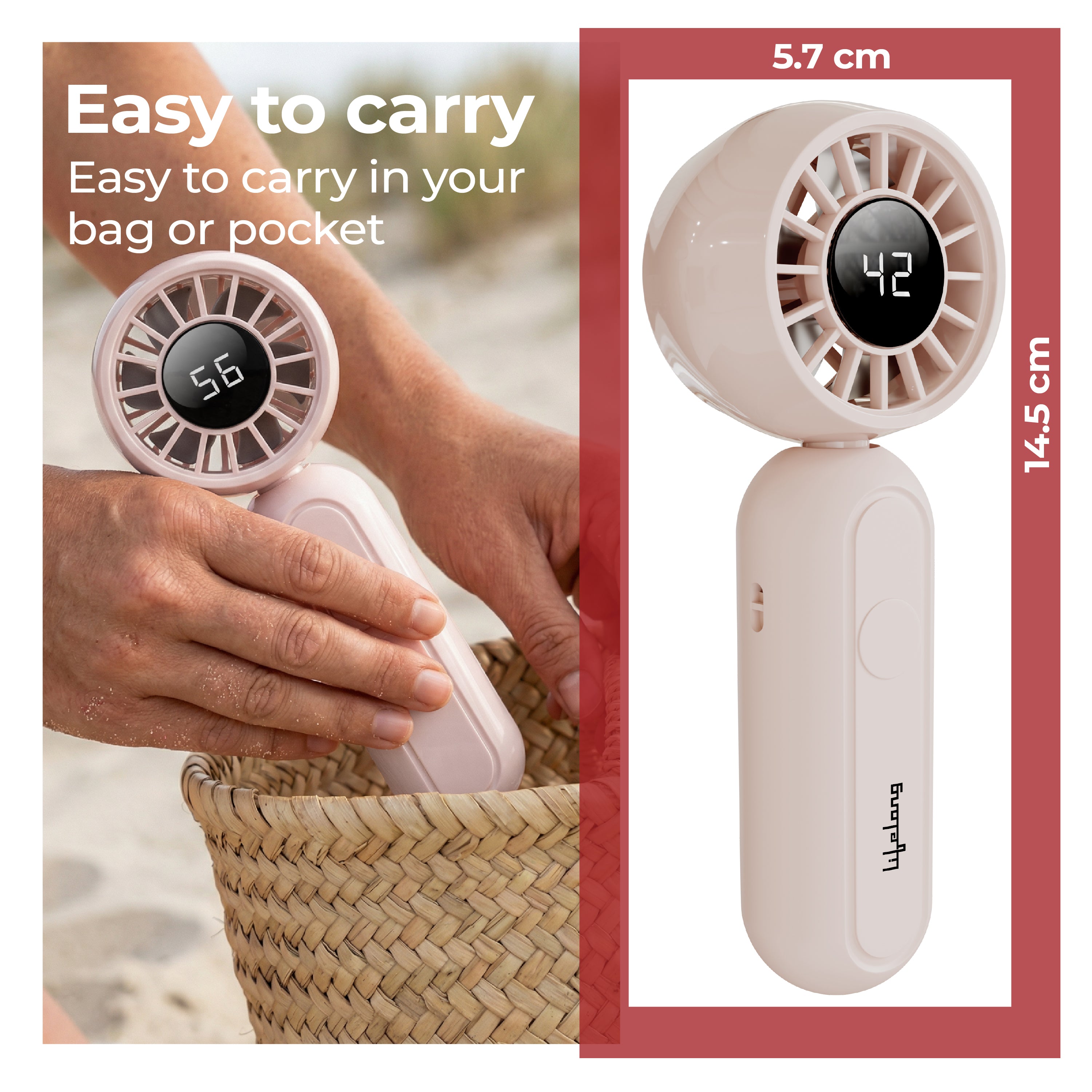 Lifelong Personal Hand Fan with Cool Touch & Hiking Buckle | USB Type-C Rechargeable Portable Mini Fan | 2000mAh Battery, 3 Speed up to 7500 RPM | Handheld Travel Fan for Outdoor, Office & Camping (Beige)