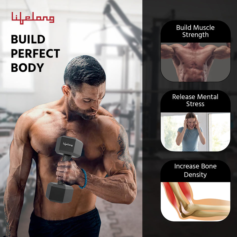 Lifelong PVC Hex Dumbbells Pack of 2 (5kg*2) Black Color for Home Gym Equipment Fitness Barbell|Gym Exercise|Home Workout, Gym Dumbbells|Dumbbells Weights for Men & Women