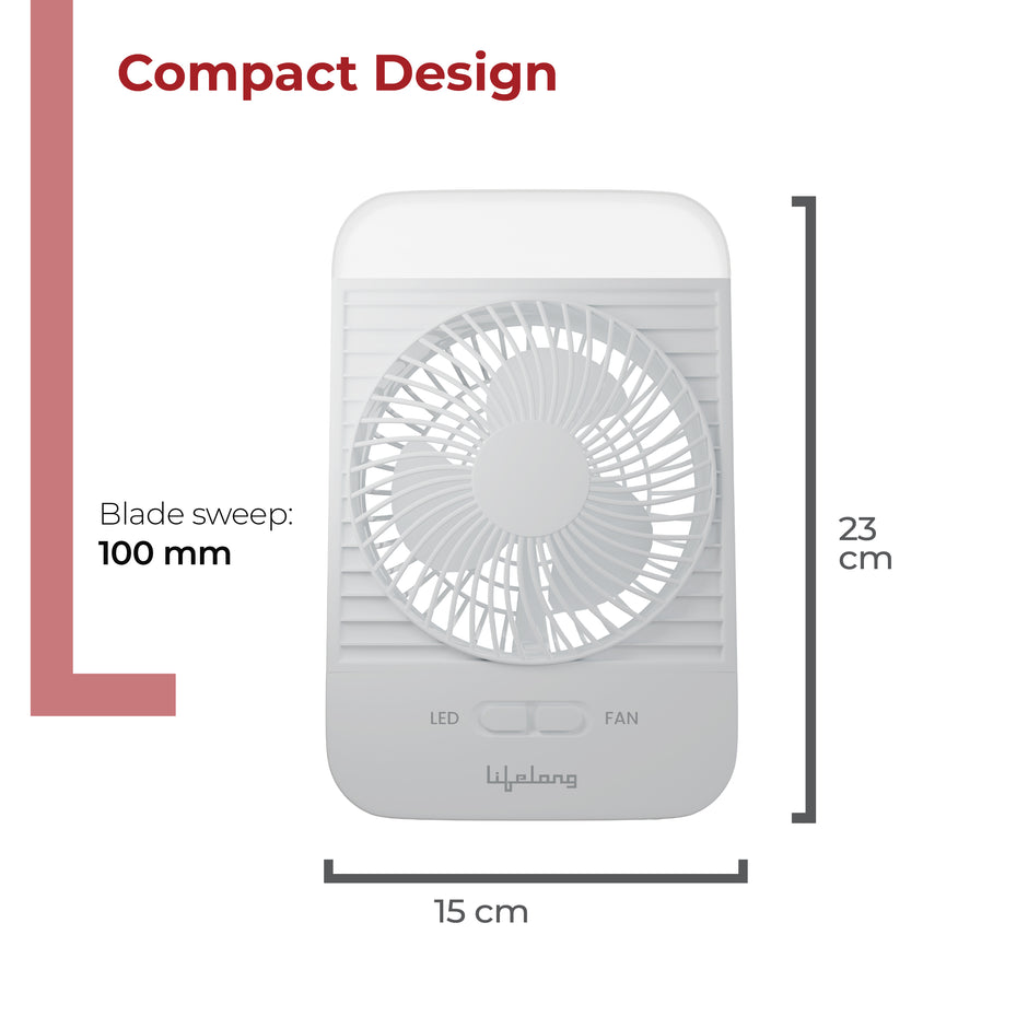 Lifelong Portable Mini Fan with LED Light | Rechargeable 2000mAh Battery | 5W BLDC Motor | 3 Speed up to 2800 RPM | Compact Desk & Travel Fan