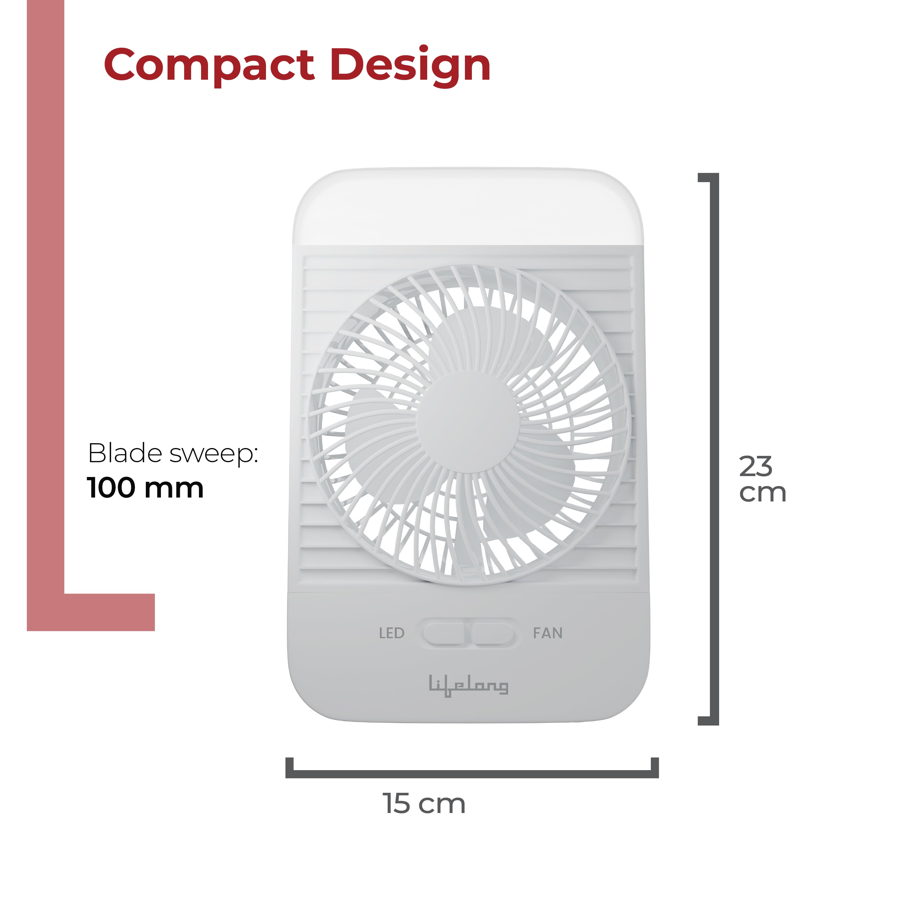 Lifelong Portable Mini Fan with LED Light | Rechargeable 2000mAh Battery | 5W BLDC Motor | 3 Speed up to 2800 RPM | Compact Desk & Travel Fan