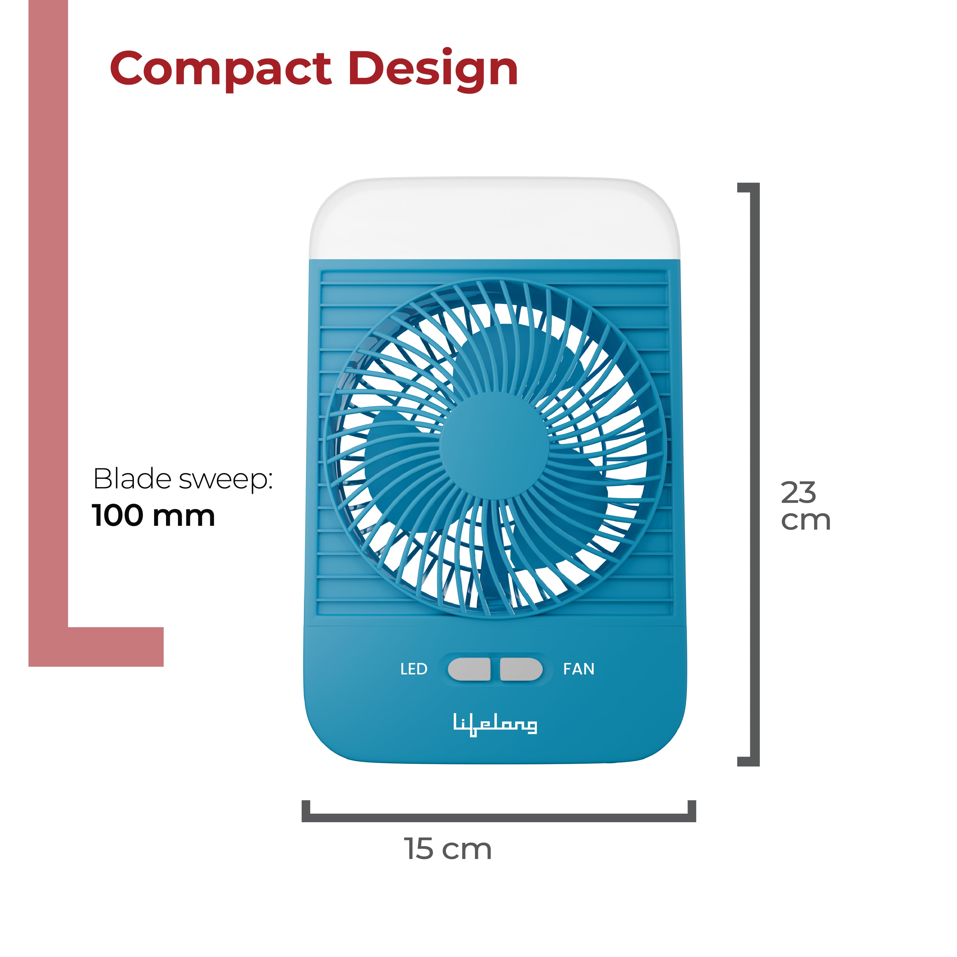 Lifelong 4” Rechargeable Portable Mini Fan with LED Light | 5W BLDC Motor | 3 Speed up to 2800 RPM | 2000mAh Battery | USB Type-C Desk & Travel Fan (Blue)