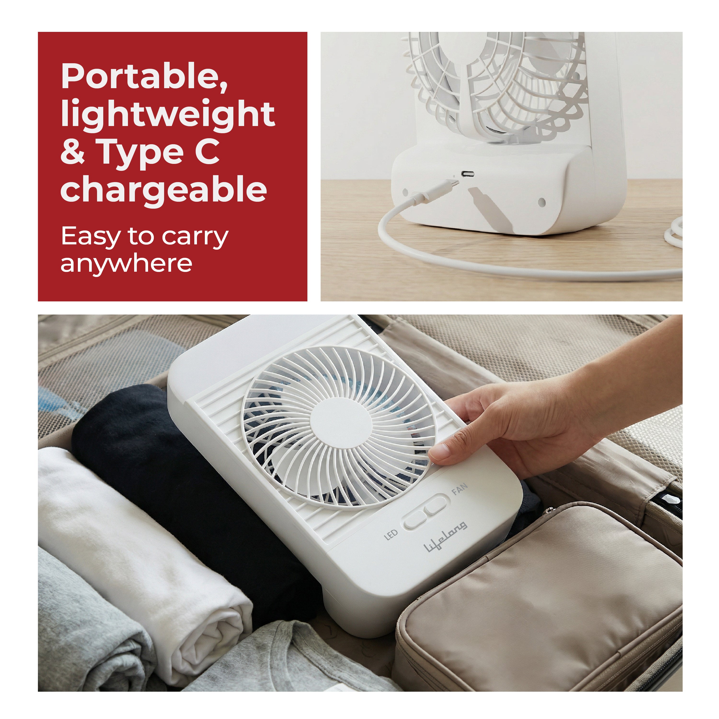 Lifelong Portable Mini Fan with LED Light | Rechargeable 2000mAh Battery | 5W BLDC Motor | 3 Speed up to 2800 RPM | Compact Desk & Travel Fan