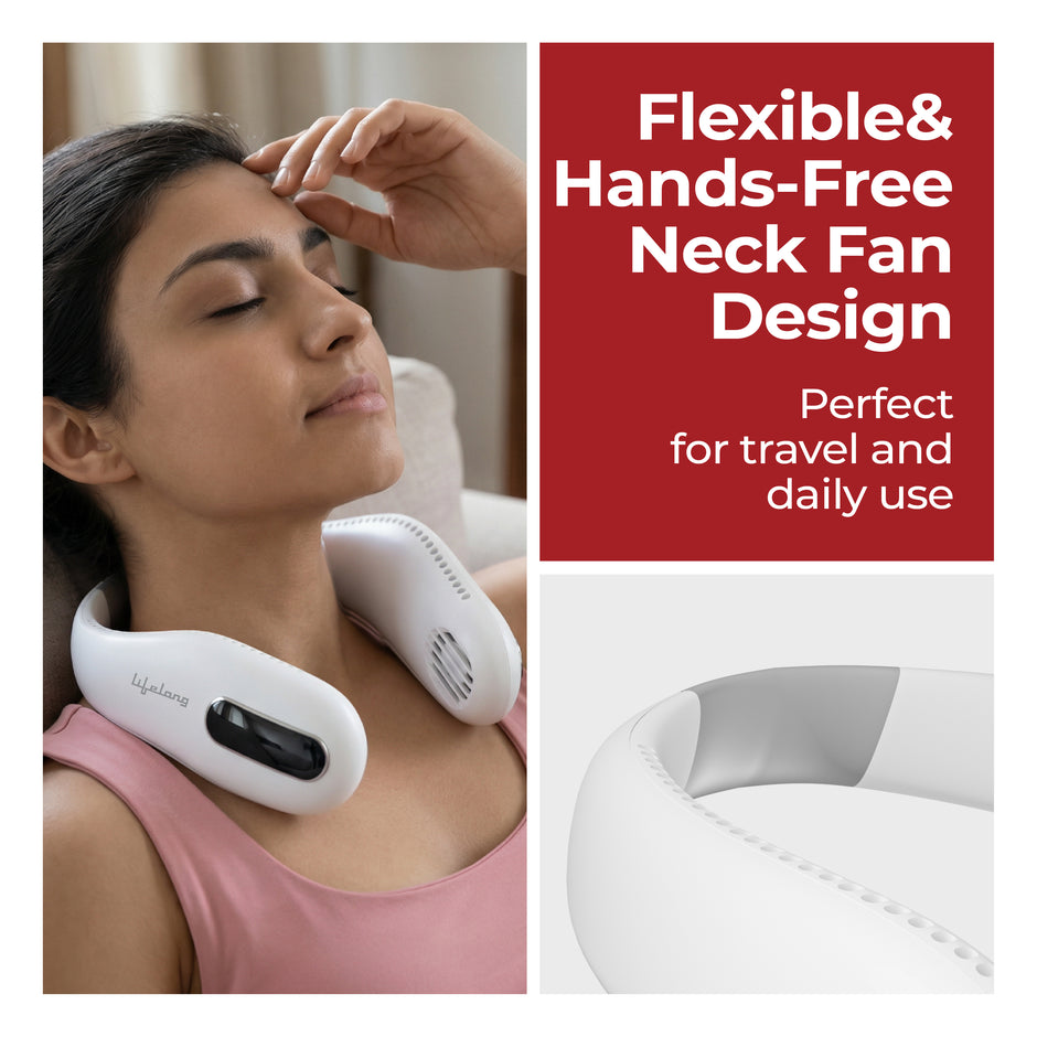 Lifelong Rechargeable Neck Fan with Twin Turbine & 70 Air Outlets | Hands-Free Portable Cooling Fan | 1600mAh Battery (White)