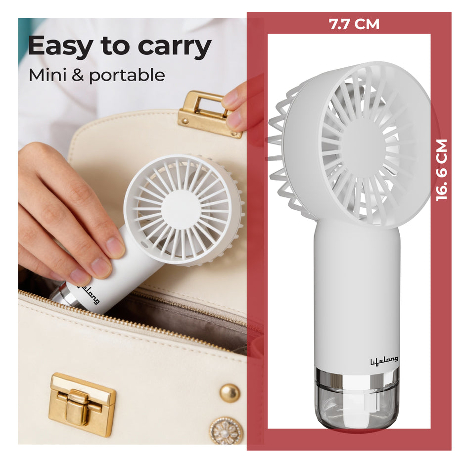 Lifelong Portable Mist Hand Fan with USB Type-C Charging | Mini Rechargeable Fan with Water Mist | 4400 RPM High Speed | Compact Handheld Cooling Fan for Travel & Outdoor (White)