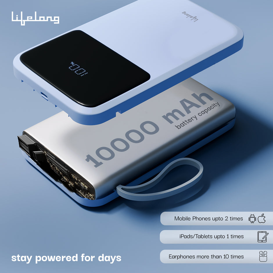 Lifelong Electronics 10000mAh 22.5W Fast Charging Power Bank | 3 Inputs (1 Built-in USB A Cable + 1 C + 1 Lightning Port) & 6 Outputs (3 Built-in Cables + 1 C + 2 A Port) | Small Pocket Size Powerbank