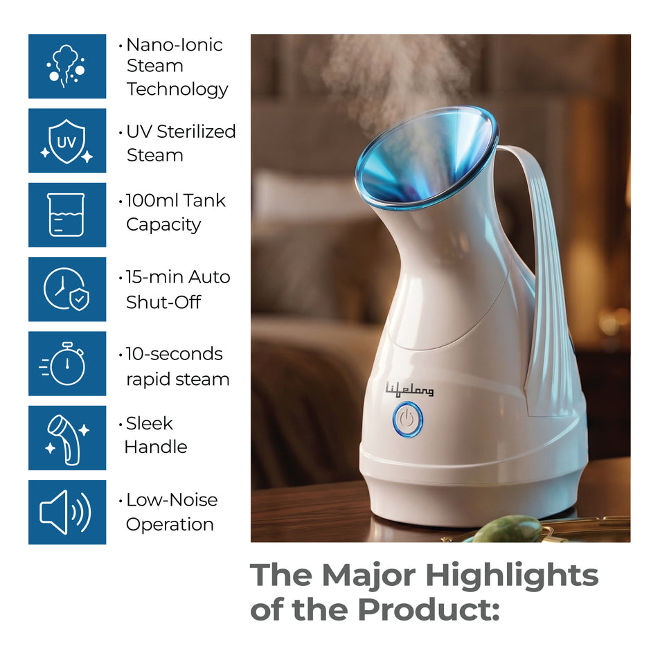 Lifelong Steamer & Vaporizer for Cough, Cold & Facial | Nano-Ionic Portable Face Steamer for Facial, Steam Inhaler for Sinus & Vaporizer Machine for Adults & Kids | Fast Mist in 10sec, 100ml Capacity