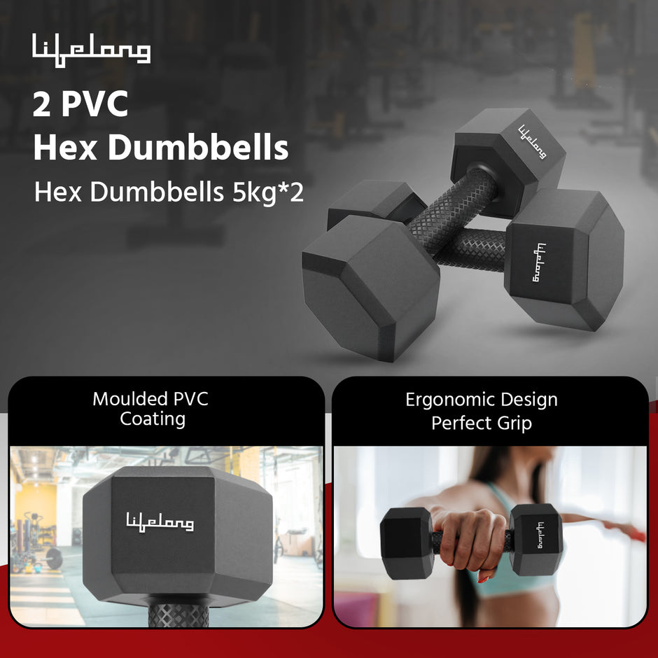 Lifelong PVC Hex Dumbbells Pack of 2 (5kg*2) Black Color for Home Gym Equipment Fitness Barbell|Gym Exercise|Home Workout, Gym Dumbbells|Dumbbells Weights for Men & Women