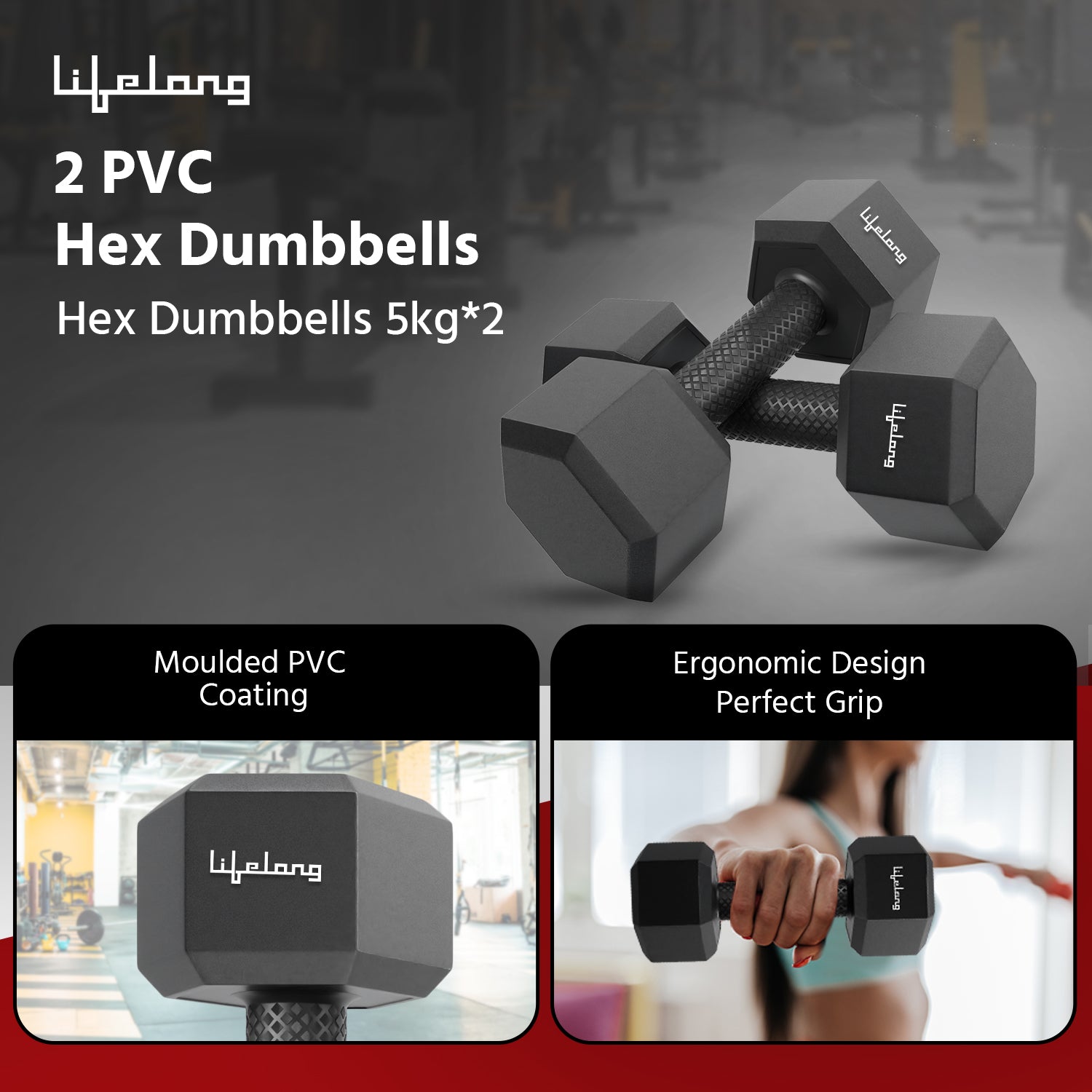 Lifelong PVC Hex Dumbbells Pack of 2 (5kg*2) Black Color for Home Gym Equipment Fitness Barbell|Gym Exercise|Home Workout, Gym Dumbbells|Dumbbells Weights for Men & Women