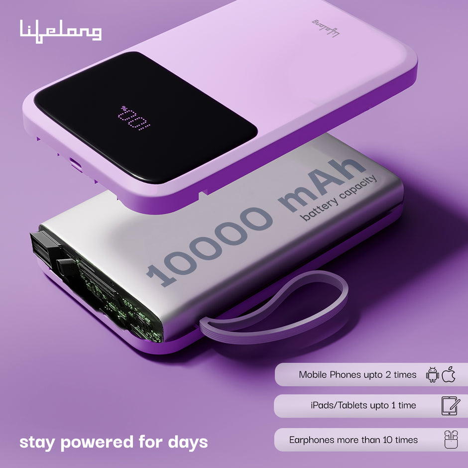 Lifelong Electronics 10000mAh 22.5W Fast Charging Power Bank | 3 Inputs (1 Built-in USB A Cable + 1 C + 1 Lightning Port) & 6 Outputs (3 Built-in Cables + 1 C + 2 A Port) | Small Pocket Size Powerbank