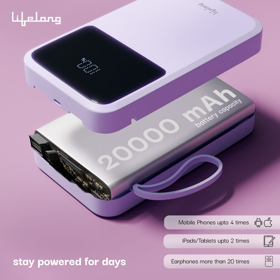Lifelong Electronics 20000mAh 22.5W Fast Charging Power Bank | 3 Inputs (1 Built-in USB A Cable + 1 C + 1 Lightning Port) & 6 Outputs (3 Built-in Cables + 1 C + 2 A Port) | Small Pocket Size Powerbank