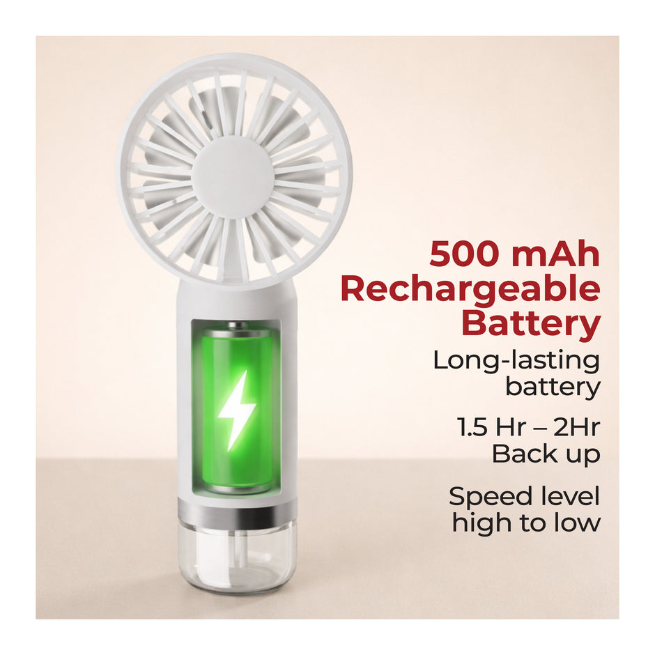 Lifelong Portable Mist Hand Fan with USB Type-C Charging | Mini Rechargeable Fan with Water Mist | 4400 RPM High Speed | Compact Handheld Cooling Fan for Travel & Outdoor (White)