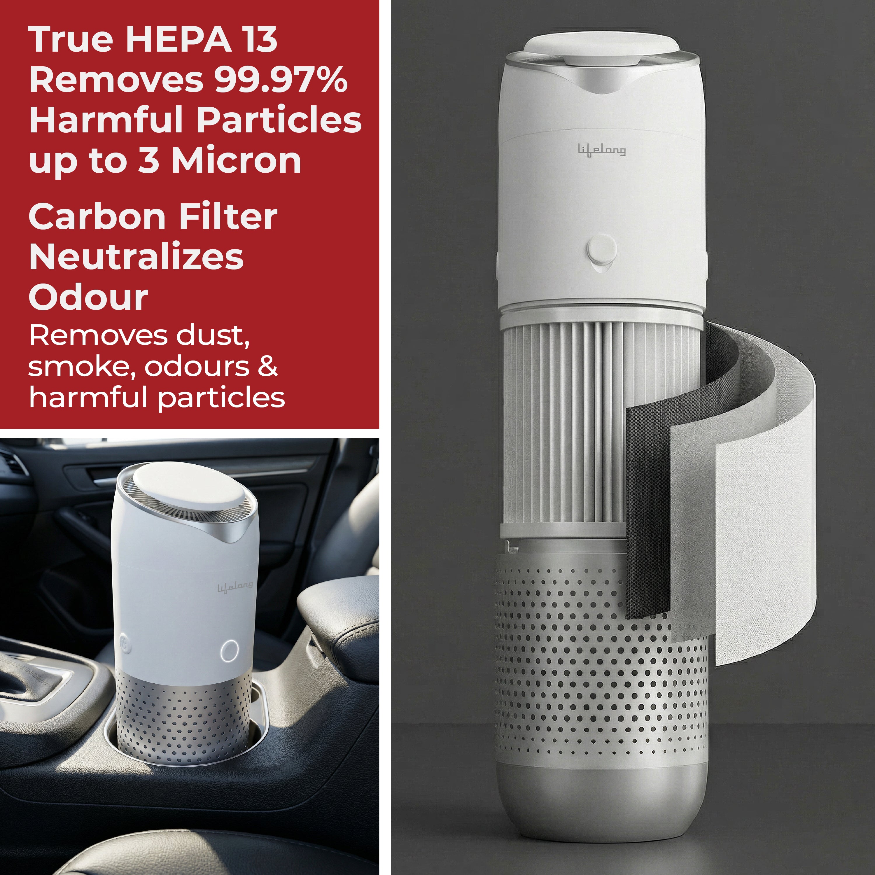 Lifelong Car Air Purifier with HEPA 13 & Carbon Filter | Portable Auto Air Cleaner | 3 Speed, Low Noise, LED Light (White)