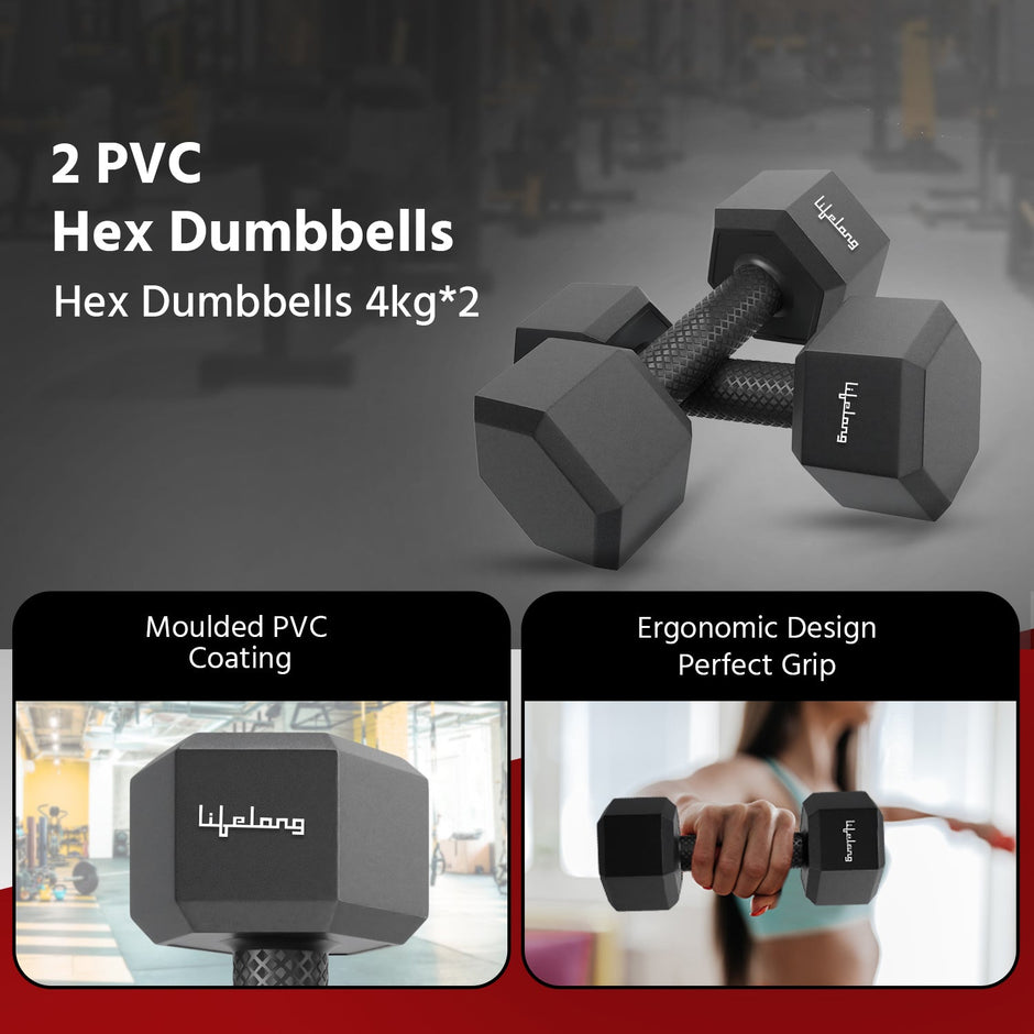 Lifelong PVC Hex Dumbbells Pack of 2 (4kg*2) Black Color for Home Gym Equipment Fitness Barbell|