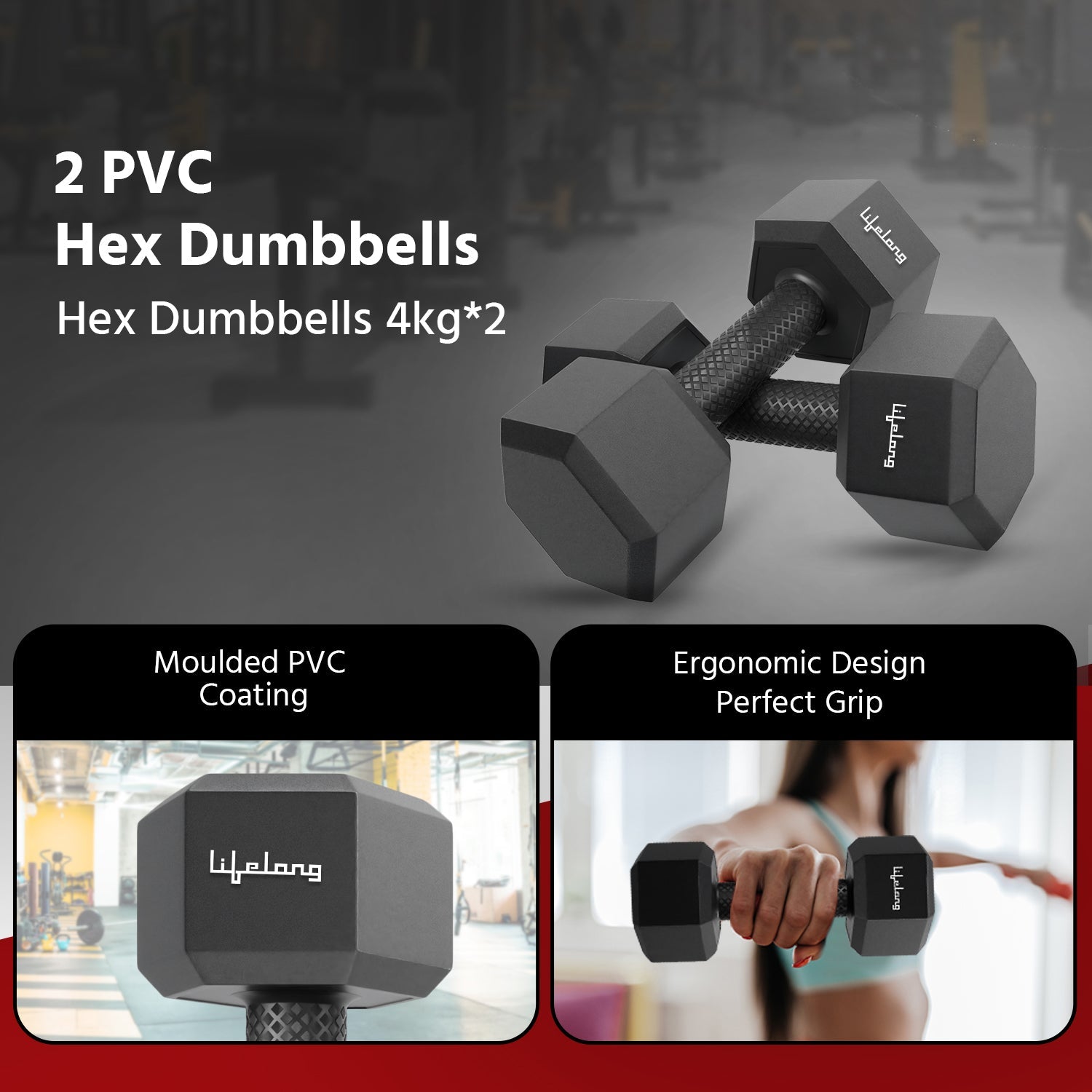 Lifelong PVC Hex Dumbbells Pack of 2 (4kg*2) Black Color for Home Gym Equipment Fitness Barbell|
