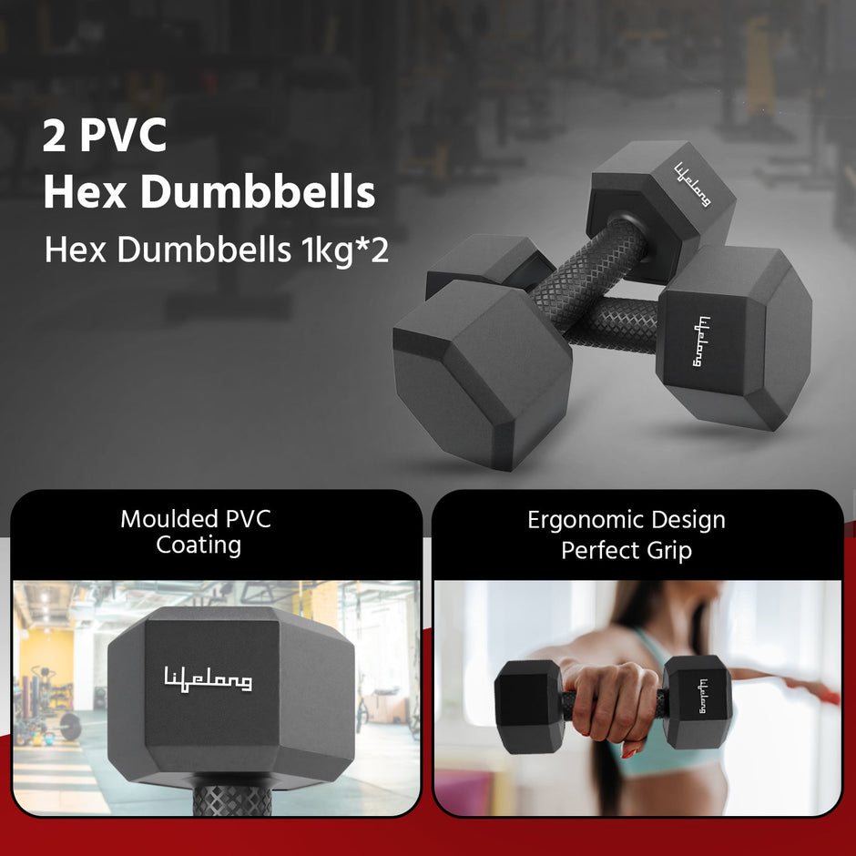 Lifelong PVC Hex Dumbbells Pack of 2 (1kg*2) Black Color for Home Gym Equipment Fitness Barbell