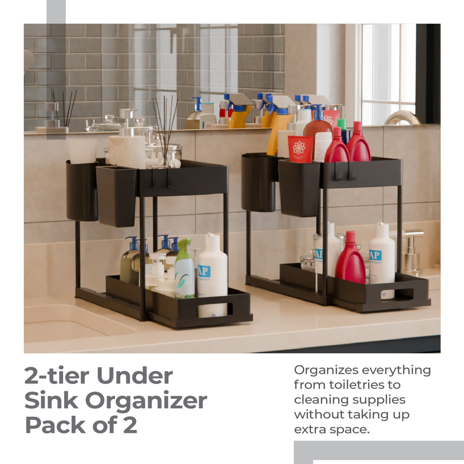 Lifelong 2-Tier Under Sink Storage Organizer (Pack of 2) | Pull Out Cabinet | Drawers for Kitchen Cabinets | Sliding Rack with Panels & Hooks | Multipurpose Organiser for Kitchen or Bathroom