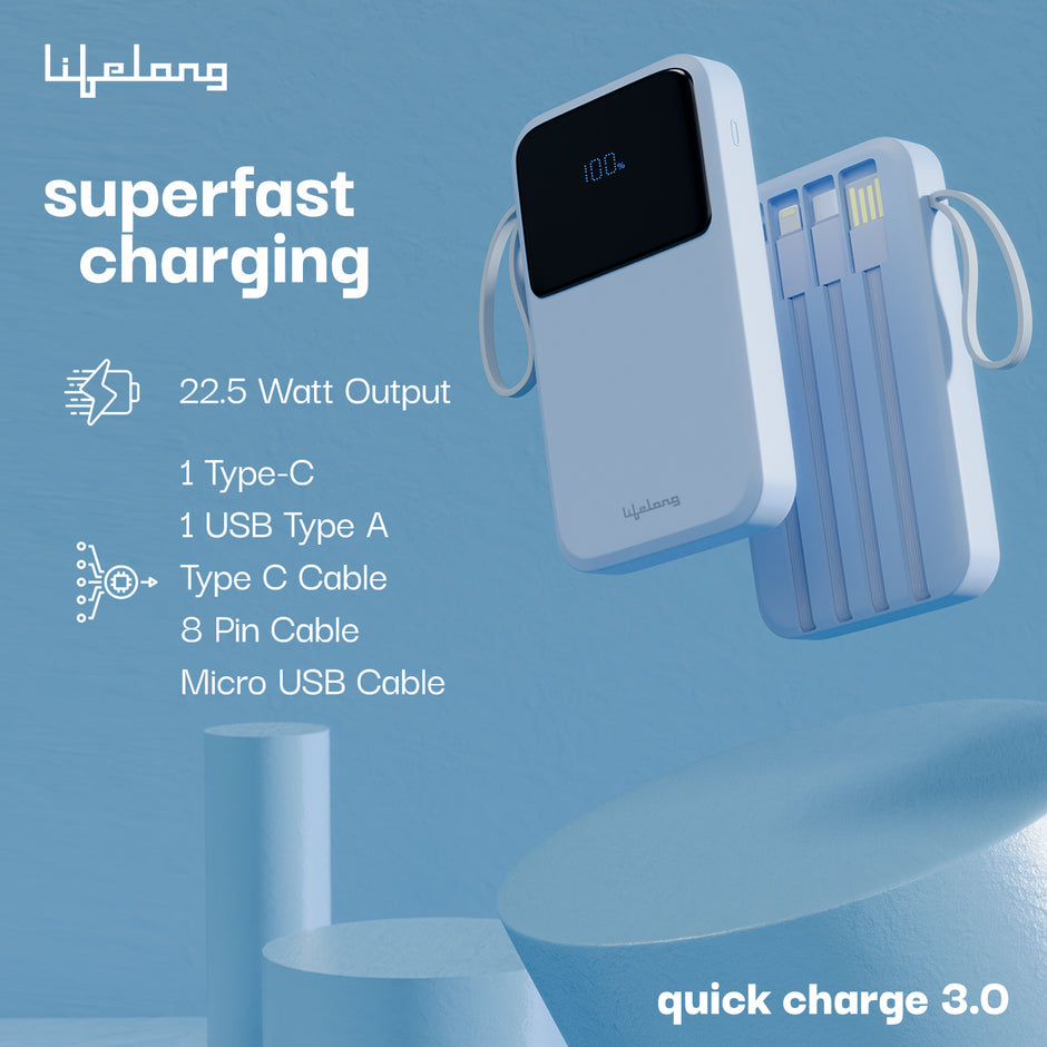 Lifelong Electronics 10000mAh 22.5W Fast Charging Power Bank | 3 Inputs (1 Built-in USB A Cable + 1 C + 1 Lightning Port) & 6 Outputs (3 Built-in Cables + 1 C + 2 A Port) | Small Pocket Size Powerbank