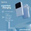 Lifelong Electronics 10000mAh 22.5W Fast Charging Power Bank | 3 Inputs (1 Built-in USB A Cable + 1 C + 1 Lightning Port) & 6 Outputs (3 Built-in Cables + 1 C + 2 A Port) | Small Pocket Size Powerbank