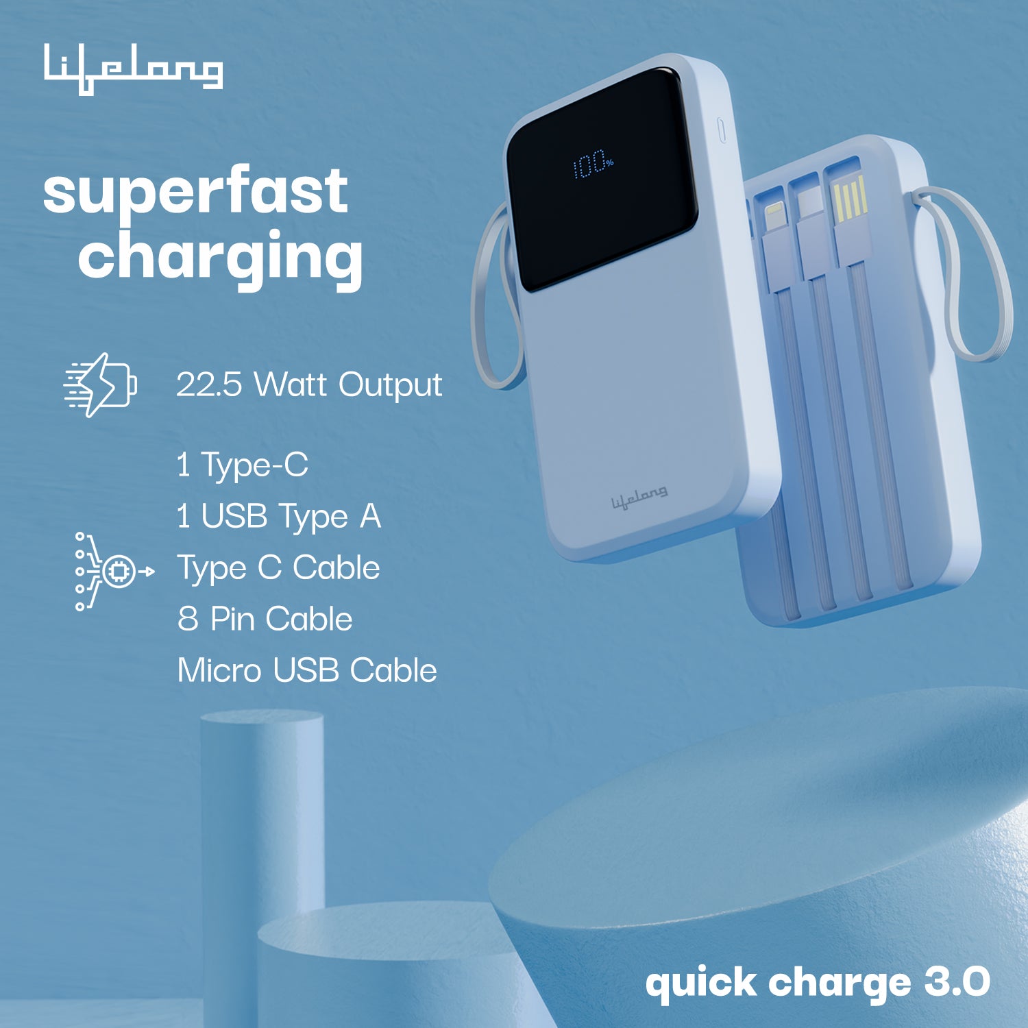 Lifelong Electronics 10000mAh 22.5W Fast Charging Power Bank | 3 Inputs (1 Built-in USB A Cable + 1 C + 1 Lightning Port) & 6 Outputs (3 Built-in Cables + 1 C + 2 A Port) | Small Pocket Size Powerbank