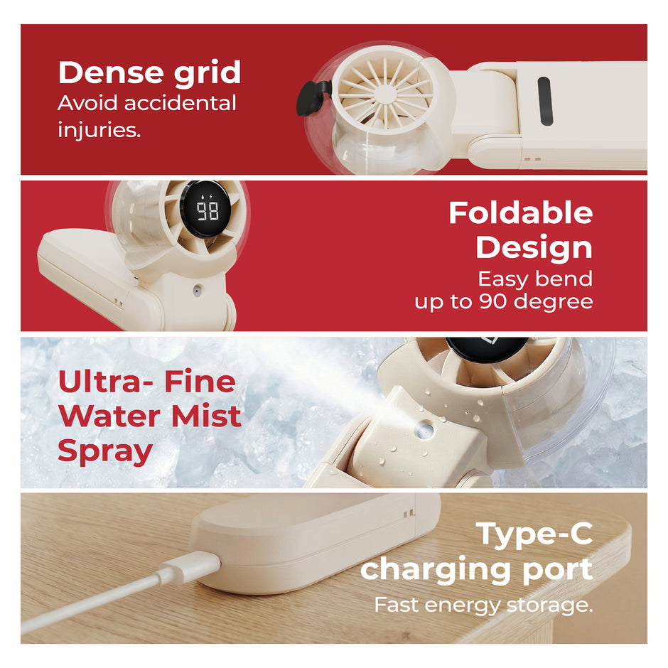 Lifelong Foldable Mist Hand Fan with Digital Display | Rechargeable USB Type-C Portable Cooling Fan | 5 Speed up to 14300 RPM | 4000mAh Battery | Handheld Fan with Spray Mist for Travel & Outdoor (Beige)