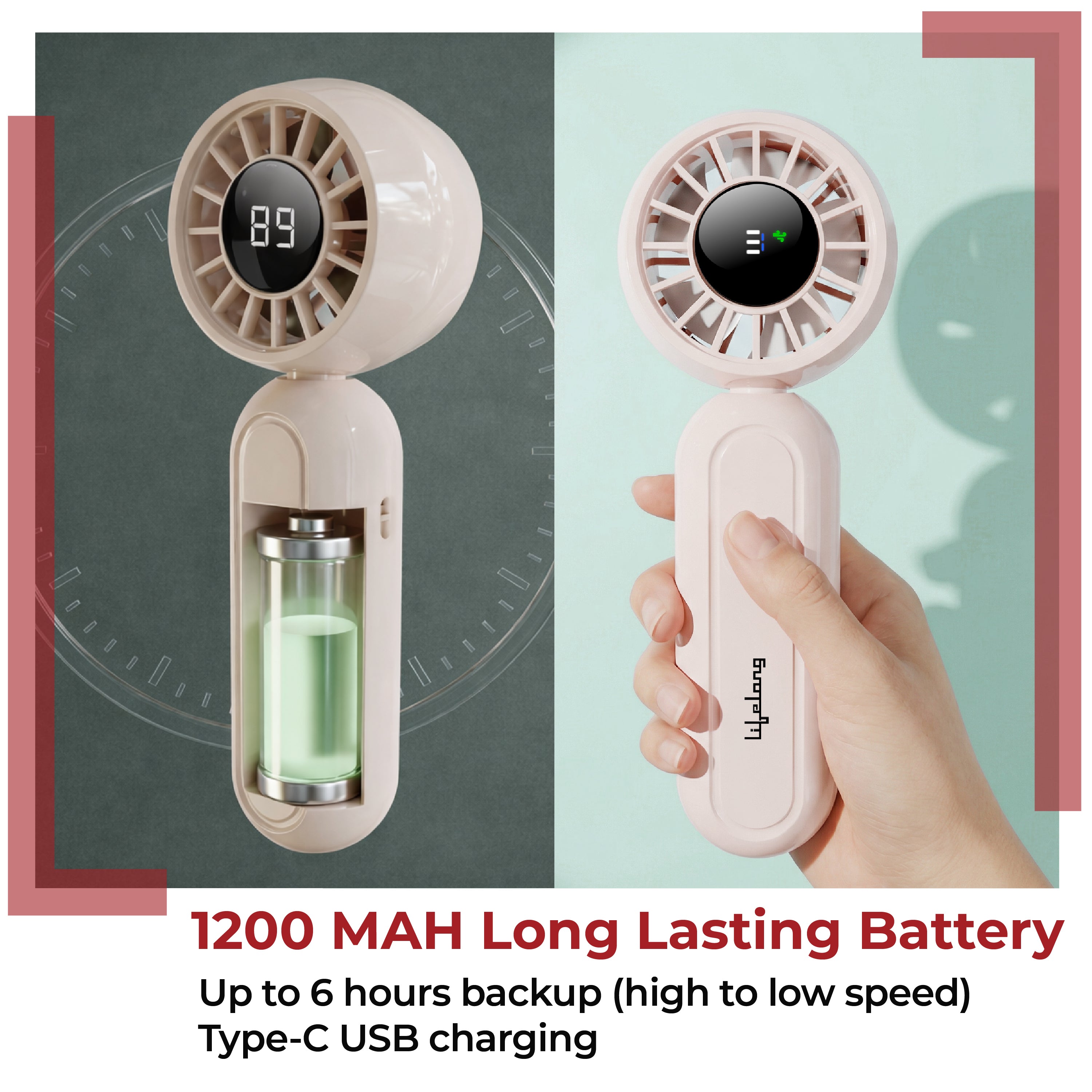 Lifelong Personal Hand Fan with Cool Touch & Hiking Buckle | USB Type-C Rechargeable Portable Mini Fan | 2000mAh Battery, 3 Speed up to 7500 RPM | Handheld Travel Fan for Outdoor, Office & Camping (Beige)