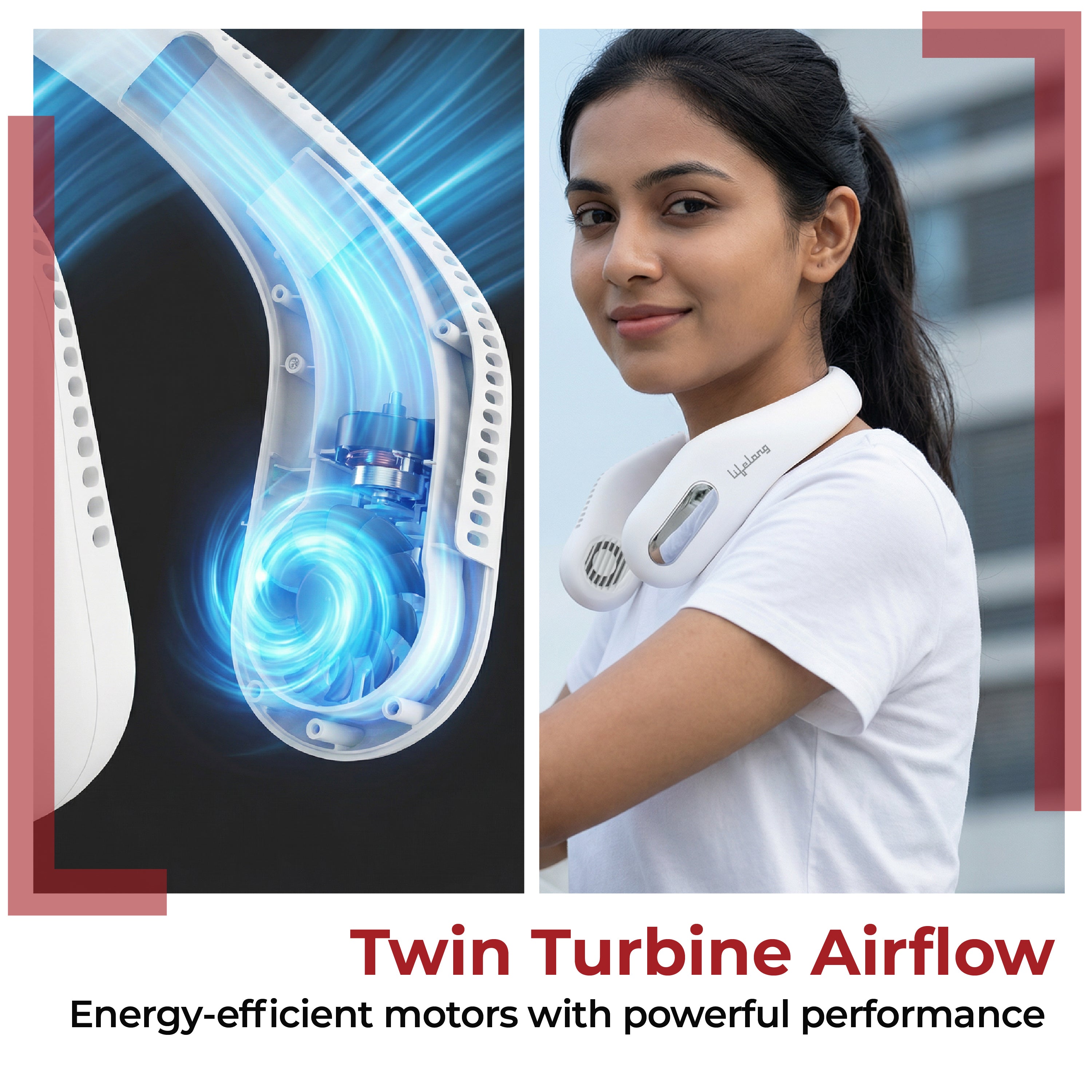 Lifelong Rechargeable Neck Fan with Twin Turbine & 70 Air Outlets | Hands-Free Portable Cooling Fan | 1600mAh Battery (White)