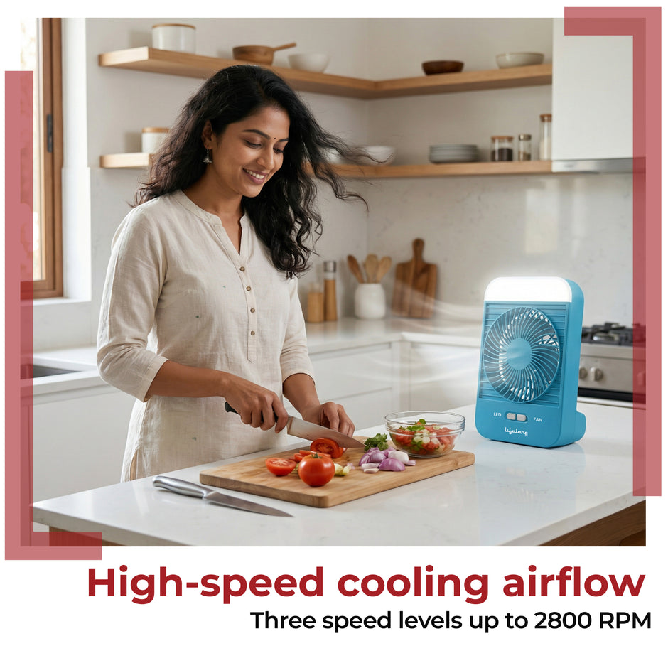 Lifelong 4” Rechargeable Portable Mini Fan with LED Light | 5W BLDC Motor | 3 Speed up to 2800 RPM | 2000mAh Battery | USB Type-C Desk & Travel Fan (Blue)