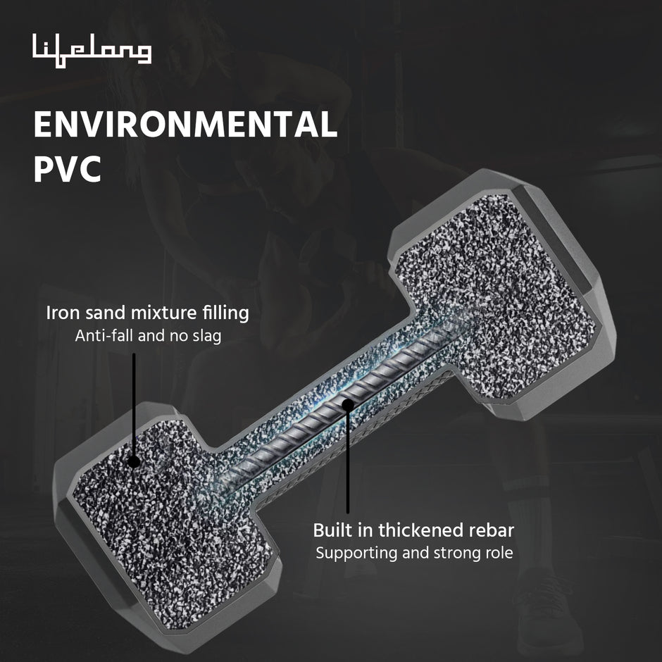 Lifelong PVC Hex Dumbbells Pack of 2 (5kg*2) Black Color for Home Gym Equipment Fitness Barbell|Gym Exercise|Home Workout, Gym Dumbbells|Dumbbells Weights for Men & Women