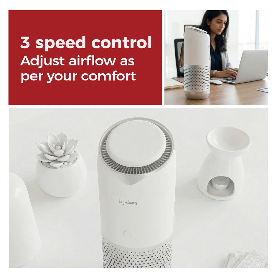 Lifelong Car Air Purifier with HEPA 13 & Carbon Filter | Portable Auto Air Cleaner | 3 Speed, Low Noise, LED Light (White)