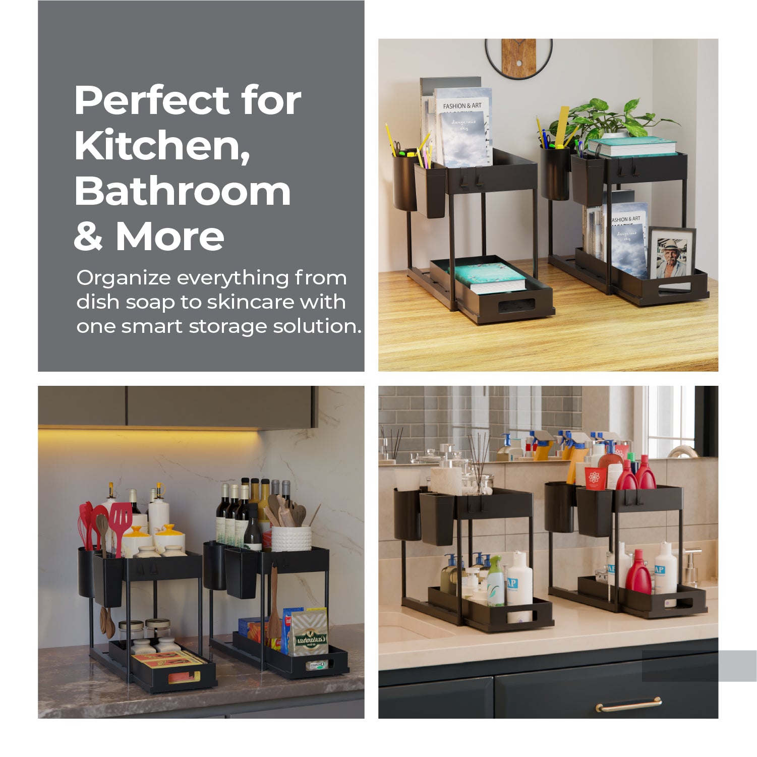 Lifelong 2-Tier Under Sink Storage Organizer (Pack of 2) | Pull Out Cabinet | Drawers for Kitchen Cabinets | Sliding Rack with Panels & Hooks | Multipurpose Organiser for Kitchen or Bathroom
