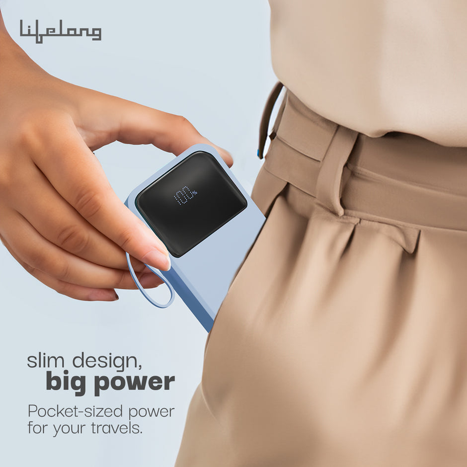 Lifelong Electronics 10000mAh 22.5W Fast Charging Power Bank | 3 Inputs (1 Built-in USB A Cable + 1 C + 1 Lightning Port) & 6 Outputs (3 Built-in Cables + 1 C + 2 A Port) | Small Pocket Size Powerbank