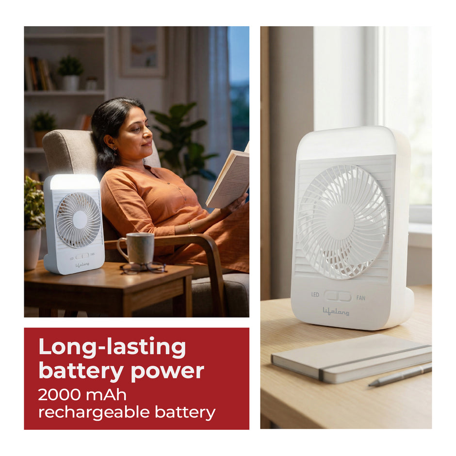 Lifelong Portable Mini Fan with LED Light | Rechargeable 2000mAh Battery | 5W BLDC Motor | 3 Speed up to 2800 RPM | Compact Desk & Travel Fan
