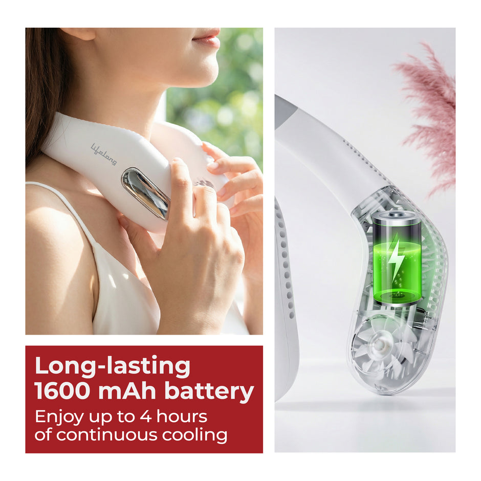 Lifelong Rechargeable Neck Fan with Twin Turbine & 70 Air Outlets | Hands-Free Portable Cooling Fan | 1600mAh Battery (White)