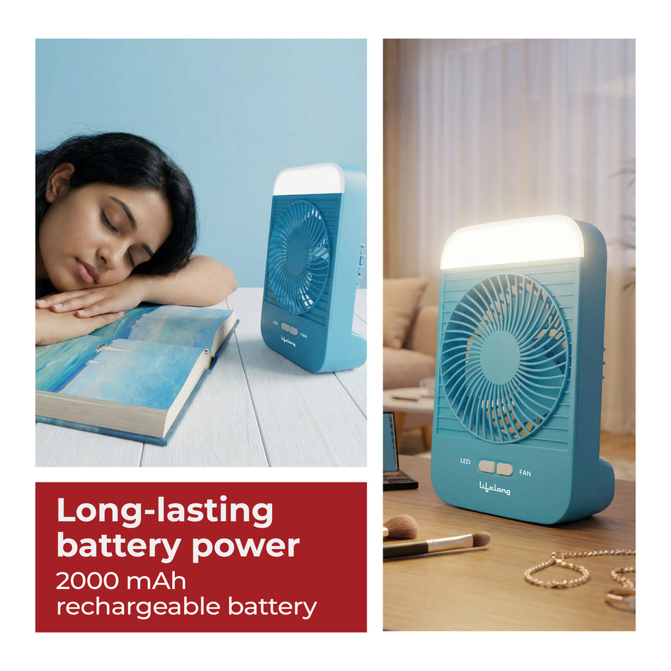 Lifelong 4” Rechargeable Portable Mini Fan with LED Light | 5W BLDC Motor | 3 Speed up to 2800 RPM | 2000mAh Battery | USB Type-C Desk & Travel Fan (Blue)