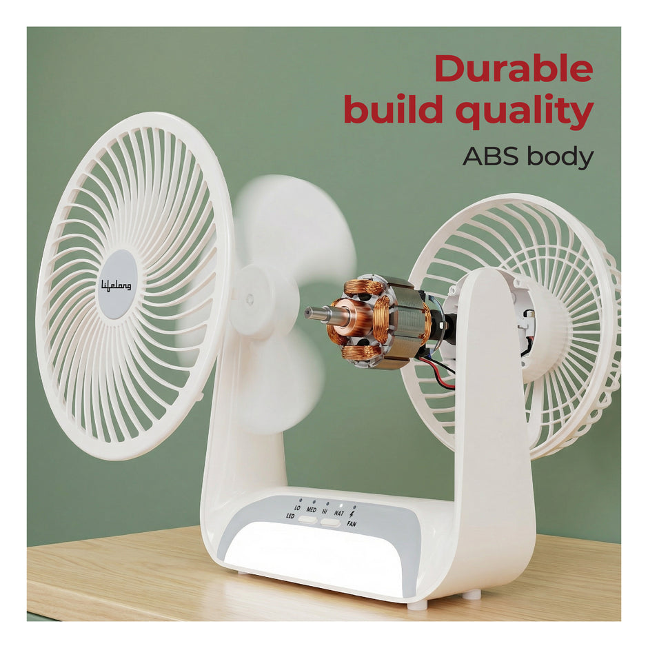 Lifelong Rechargeable Personal Table Fan with LED Light | 5W BLDC Motor | 3 Speed up to 2700 RPM | 2400mAh Battery | Portable Desk Fan