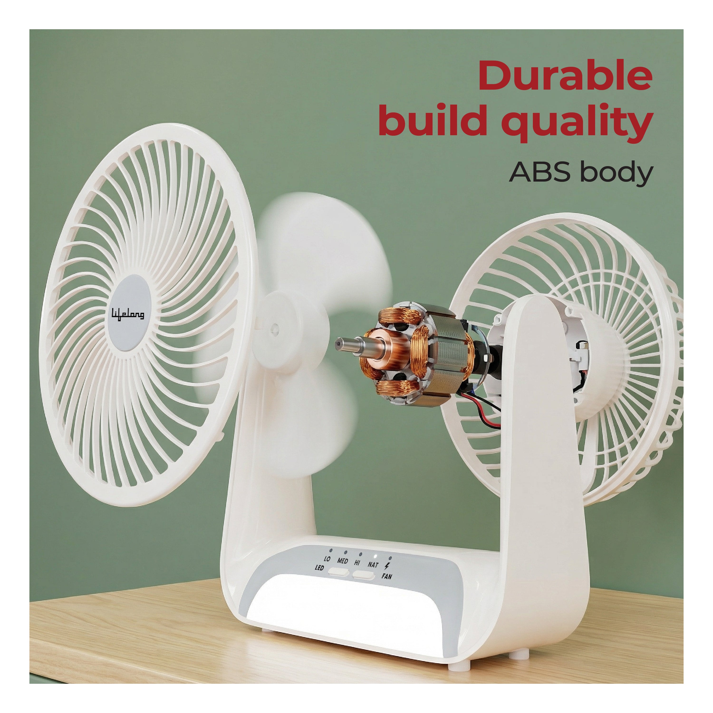 Lifelong Rechargeable Personal Table Fan with LED Light | 5W BLDC Motor | 3 Speed up to 2700 RPM | 2400mAh Battery | Portable Desk Fan