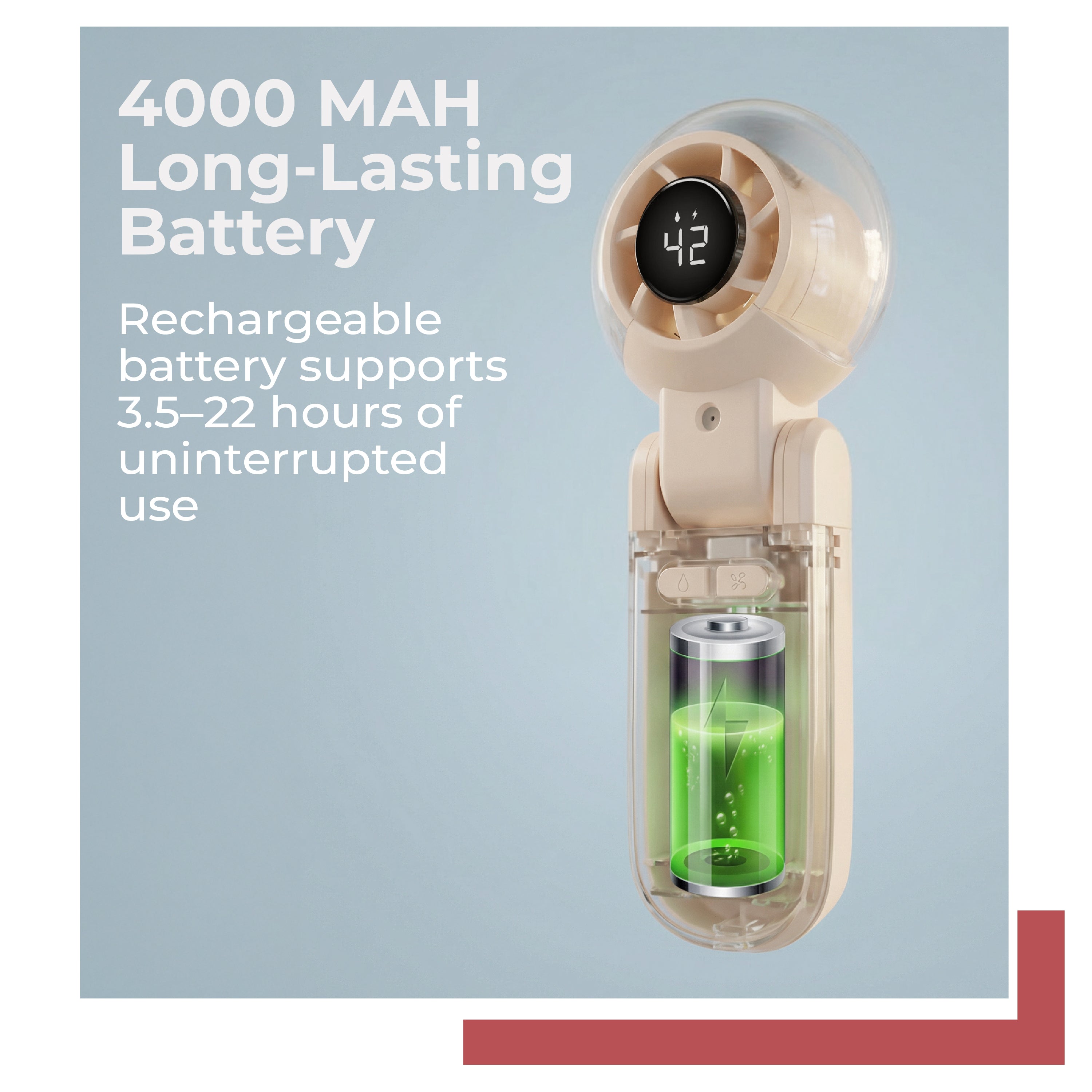 Lifelong Foldable Mist Hand Fan with Digital Display | Rechargeable USB Type-C Portable Cooling Fan | 5 Speed up to 14300 RPM | 4000mAh Battery | Handheld Fan with Spray Mist for Travel & Outdoor (Beige)