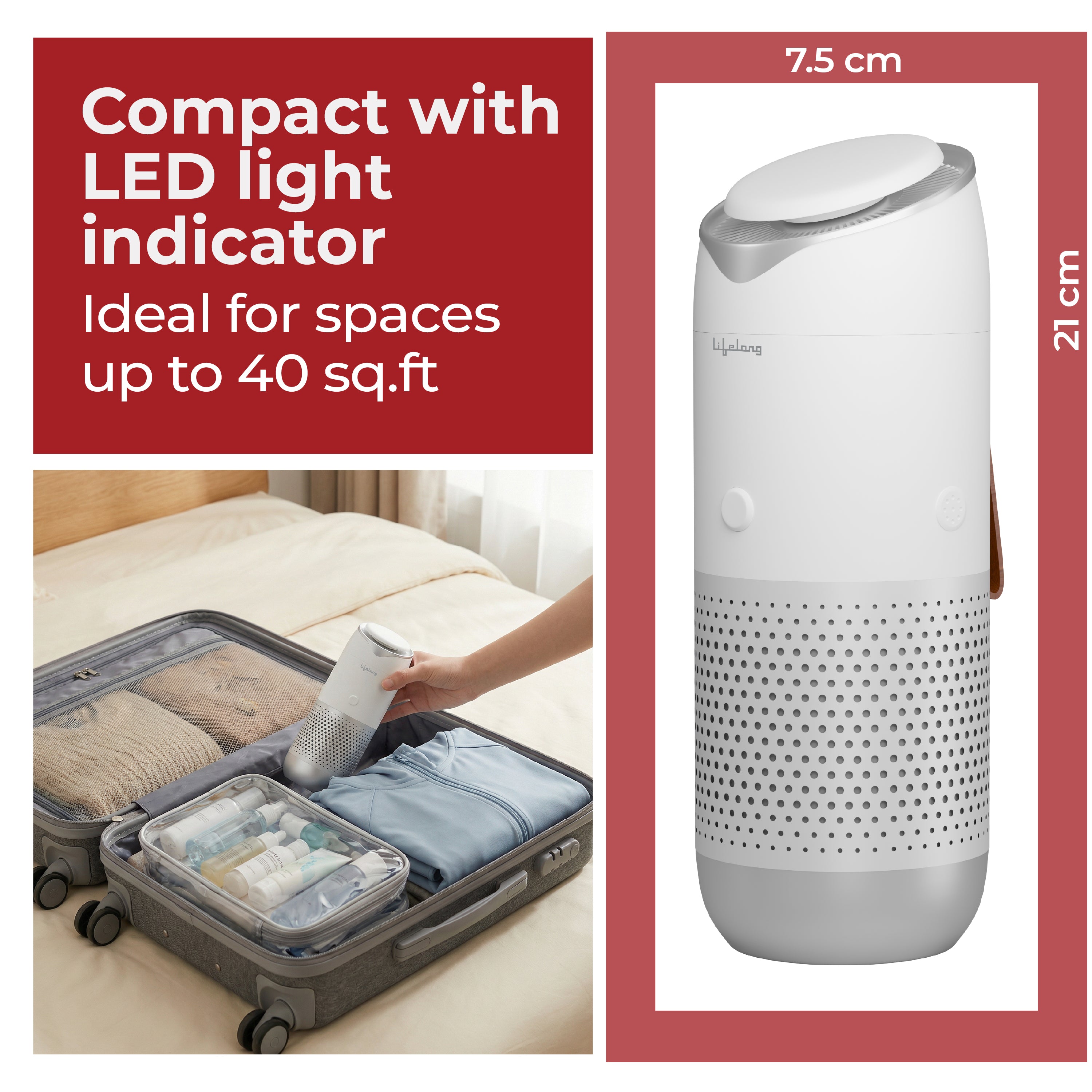 Lifelong Car Air Purifier with HEPA 13 & Carbon Filter | Portable Auto Air Cleaner | 3 Speed, Low Noise, LED Light (White)