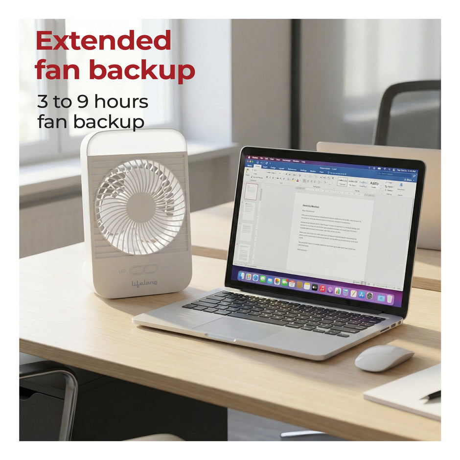 Lifelong Portable Mini Fan with LED Light | Rechargeable 2000mAh Battery | 5W BLDC Motor | 3 Speed up to 2800 RPM | Compact Desk & Travel Fan