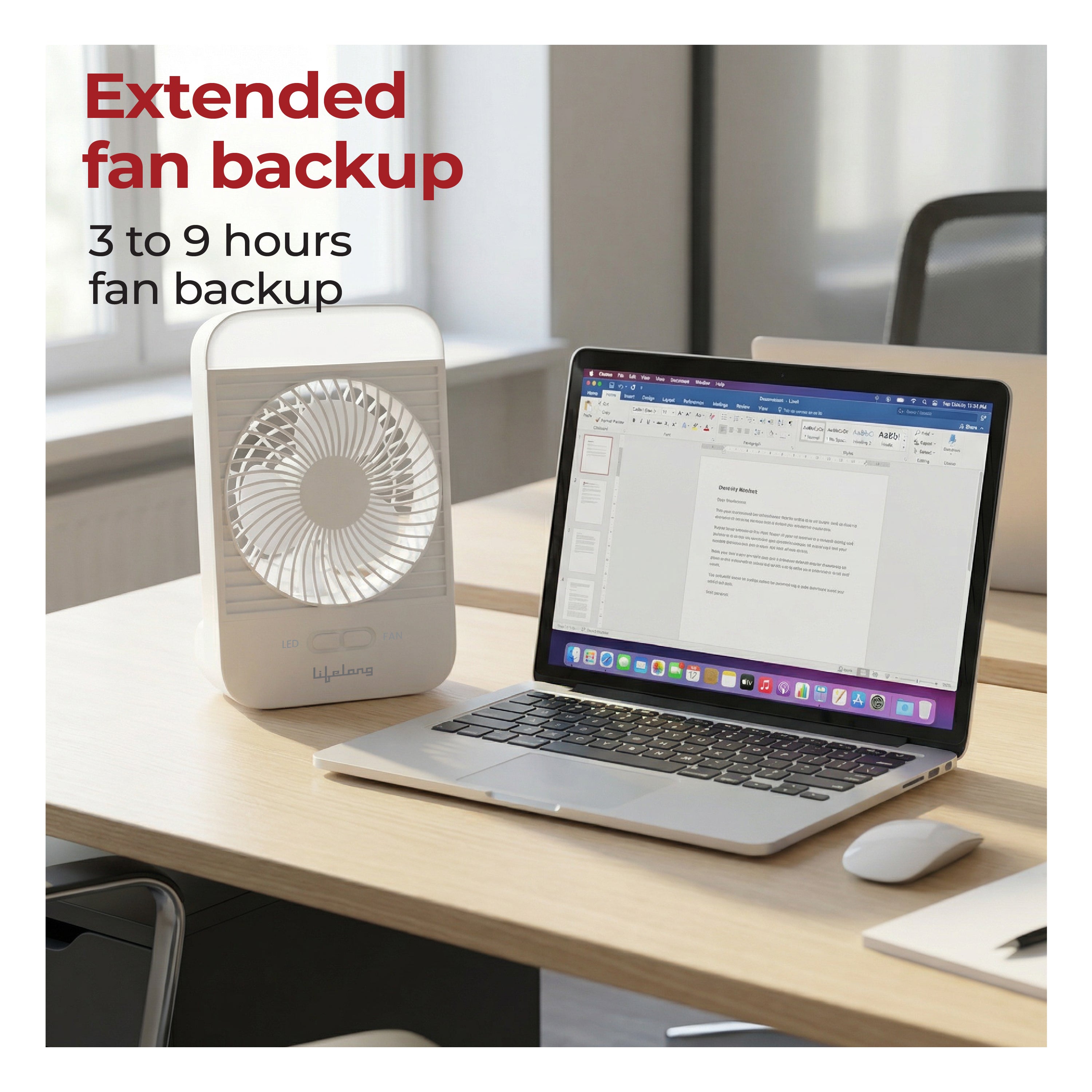 Lifelong Portable Mini Fan with LED Light | Rechargeable 2000mAh Battery | 5W BLDC Motor | 3 Speed up to 2800 RPM | Compact Desk & Travel Fan