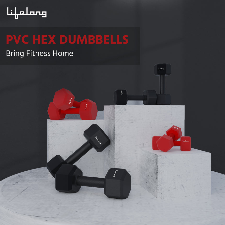 Lifelong PVC Hex Dumbbells Pack of 2 (5kg*2) Black Color for Home Gym Equipment Fitness Barbell|Gym Exercise|Home Workout, Gym Dumbbells|Dumbbells Weights for Men & Women