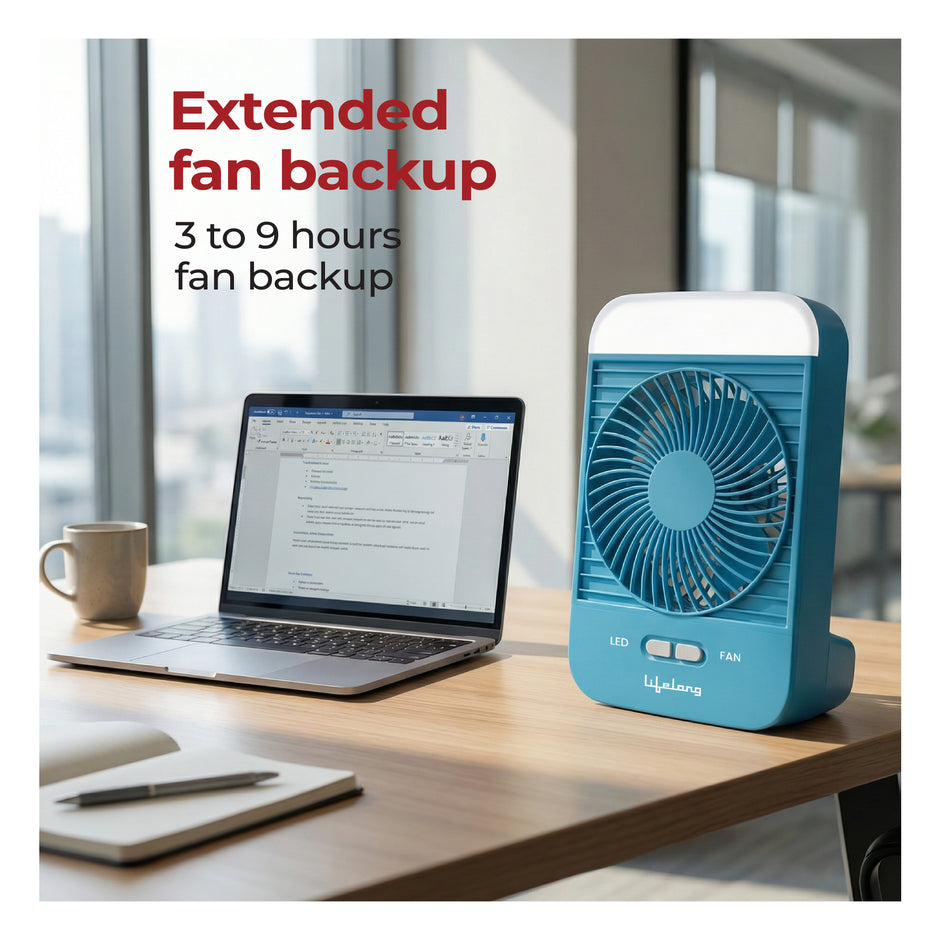 Lifelong 4” Rechargeable Portable Mini Fan with LED Light | 5W BLDC Motor | 3 Speed up to 2800 RPM | 2000mAh Battery | USB Type-C Desk & Travel Fan (Blue)