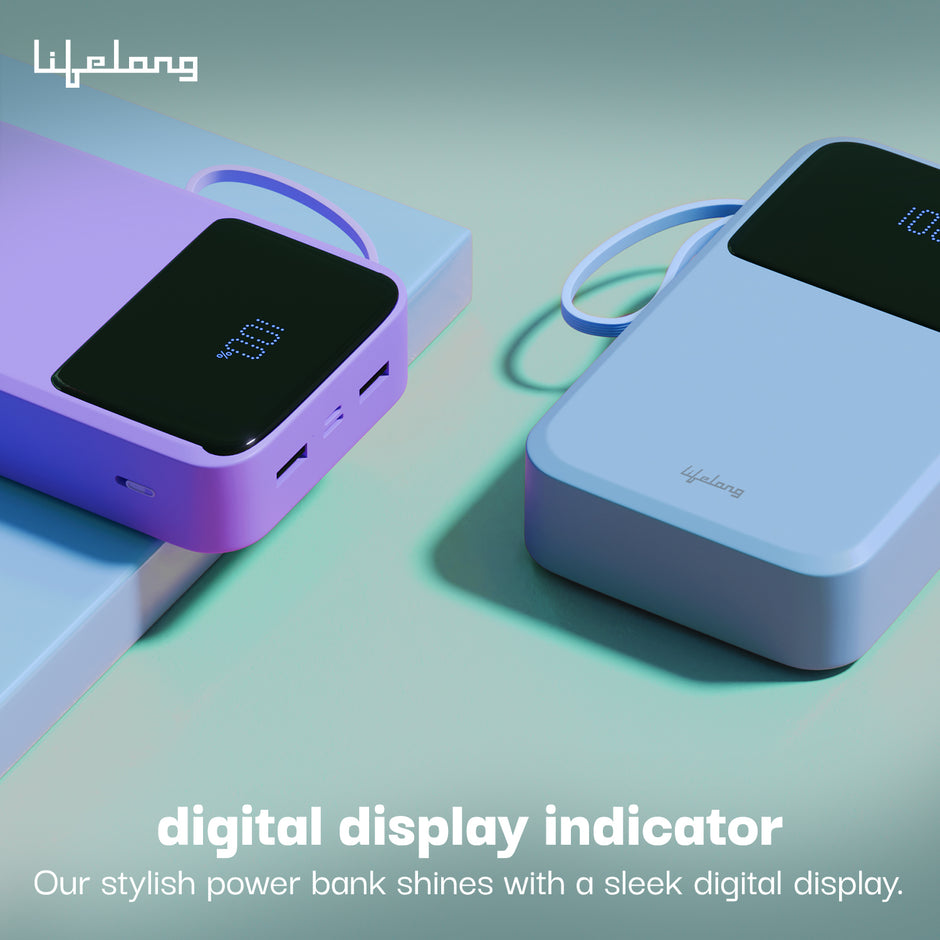 Lifelong Electronics 10000mAh 22.5W Fast Charging Power Bank | 3 Inputs (1 Built-in USB A Cable + 1 C + 1 Lightning Port) & 6 Outputs (3 Built-in Cables + 1 C + 2 A Port) | Small Pocket Size Powerbank