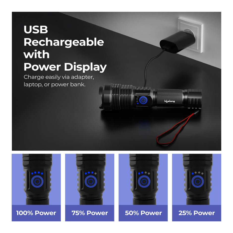 Lifelong Rechargeable High Power Torch Light | 5000 Lumens,  XHP90 Emergency Flash Light for Night| 5000 mAh | IP55 Dust & Waterproof |Adjustable Focus Zoom & Wide Beam for Camping, Trekking & Outdoor