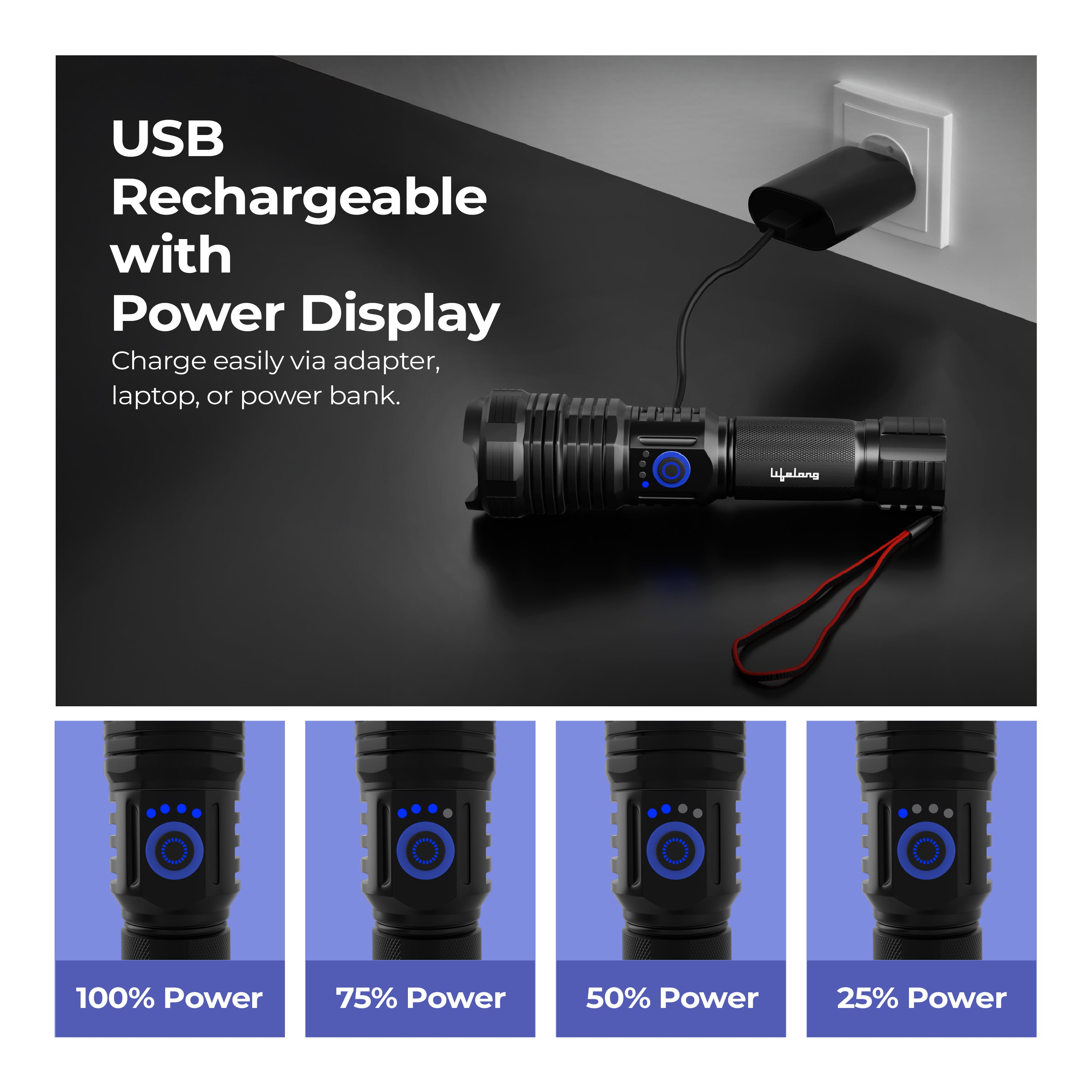 Lifelong Rechargeable High Power Torch Light | 5000 Lumens,  XHP90 Emergency Flash Light for Night| 5000 mAh | IP55 Dust & Waterproof |Adjustable Focus Zoom & Wide Beam for Camping, Trekking & Outdoor