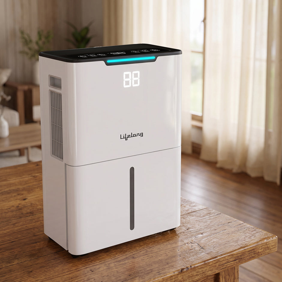 Lifelong Dehumidifier for Bedroom, Home, Wardrobe & Car | Portable Moisture Absorber with Intelligent Touch Control, 24-Hour Timer, 2-Speed Fan, Auto Defrost, Humidity Indicator & 180° Wheels