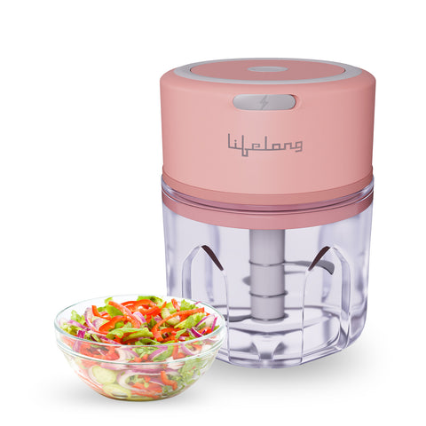 USB Rechargeable Wireless Electric Chopper with Stainless Steel Blades for Onion, Garlic, Vegetables, Nuts, Meat - 250 ML (Pink)
