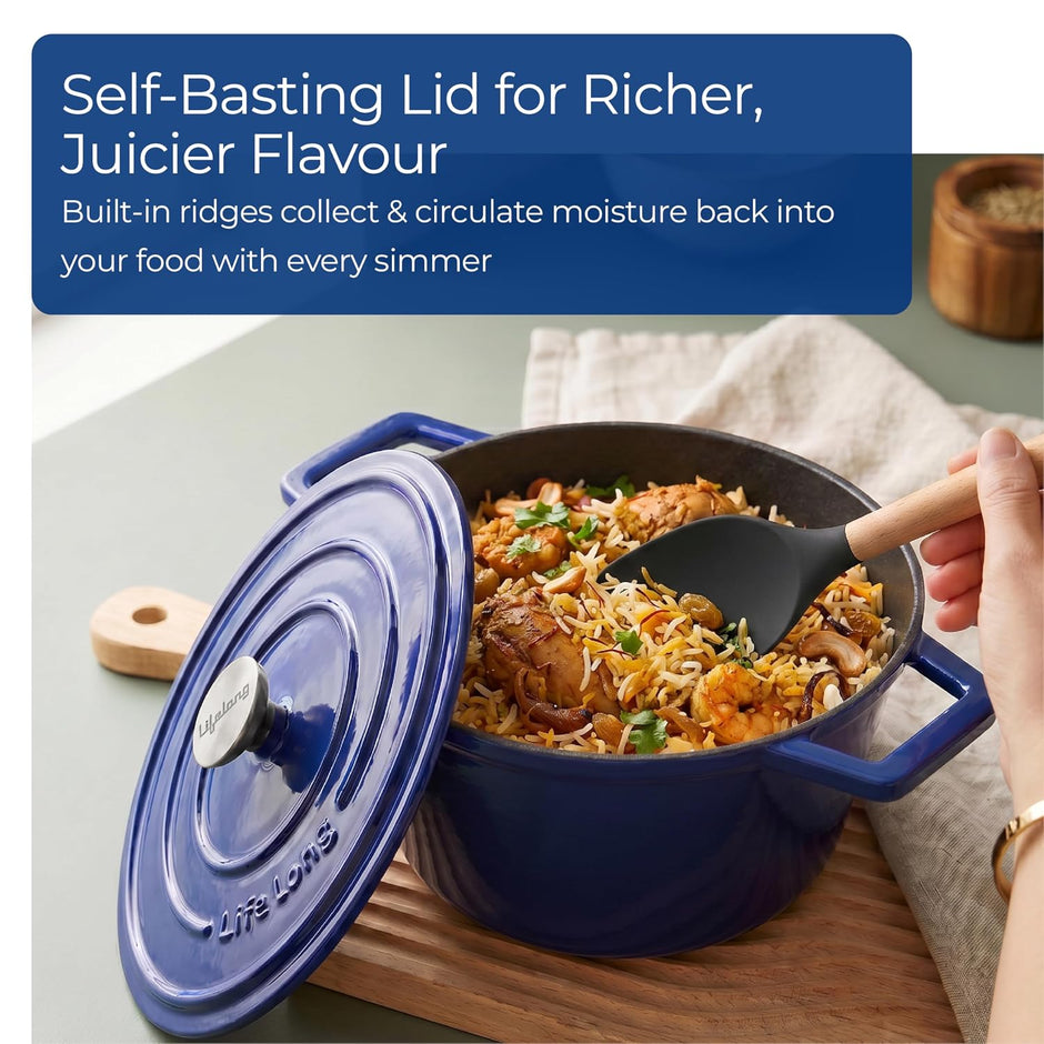 Lifelong Enamel Cast Iron Casserole with Lid (3.8L, 24cm) | Oven, Gas & Induction Compatible | Slow Cooking, Even Heat Distribution, Nontoxic, Durable, Naturally Nonstick, No Stains or Scratch (Blue)